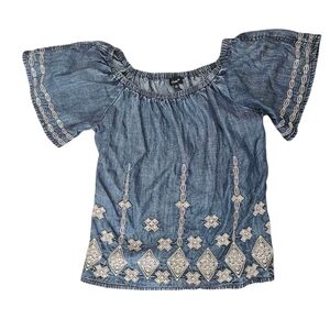 Tolani Womens Chambray Top Embroidered Blouse XS Boho Art To Wear Off Shoulder
